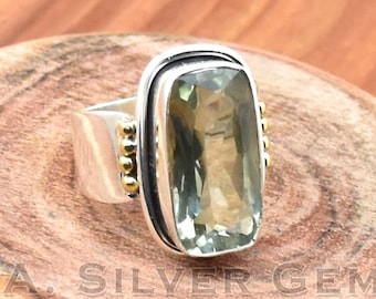 925 Sterling Silver Ring, Natural Green Amethyst Ring, Wide Band Ring, Two Tone Ring,Wedding Ring,Gemstone Ring, Statement Ring,Gift for Her