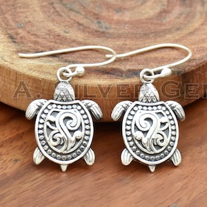 925 Sterling Silver Turtle Dangle Earrings: Tortoise Jewelry Gift