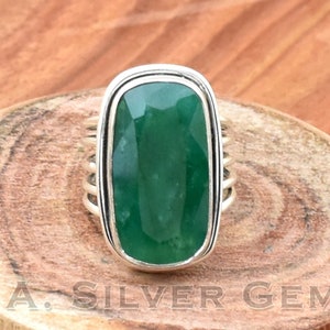 925 Sterling Silver Faceted Emerald Ring: Handmade Boho Statement Jewelry