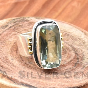 925 Sterling Silver Ring, Natural Green Amethyst Ring, Wide Band Ring, Two Tone Ring,Wedding Ring,Gemstone Ring, Statement Ring,Gift for Her