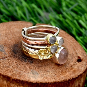 Rose Quartz 925 Sterling Silver Ring: Two-Tone Multi-Band Statement Ring