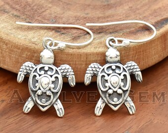 925 Sterling Silver Turtle Dangle Earrings: Tortoise Jewelry