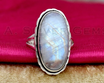 Rainbow Moonstone 925 Sterling Silver Ring - Handmade Bohemian Statement