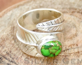 Grüner Kupfer Türkis Ring, 925 Sterling Silber Ring, Blatt Ring, verstellbarer Ring, Türkis Ring, Geschenk für sie, Ehering, zierlicher Ring.