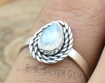 Handmade Pear Rainbow Moonstone Ring: 925 Sterling Silver Filigree
