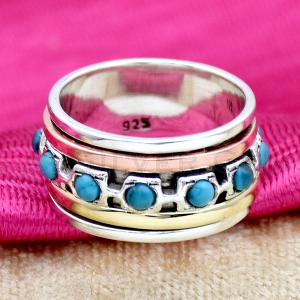 Turquoise Spinner Ring, 925 Sterling Silver, Handmade Ring, Three Tone Ring, Meditation Ring, Boho Ring, Statement Ring, Women's Ring