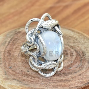 Moonstone Ring, Sterling Silver 925, Snake Shape Ring, Handmade, Gemstone, Statement, Oval Stone, Hippie, Bohemian, June Birthstone