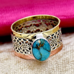 Blue Copper Turquoise Ring, 925 Sterling Silver Ring Three Tone Ring Oval Gemstone Ring Statement Ring, Anniversary Gift For Her