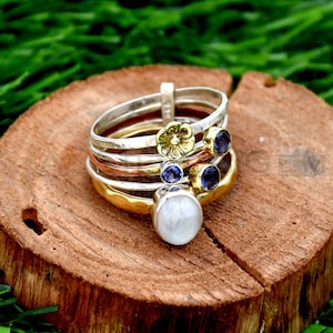 Natural Moonstone and Iolite Ring,925 Silver Sterling ring Hammered Ring, Interlocked Ring, Multi- Band Ring, Three Tone Ring, Designer Ring