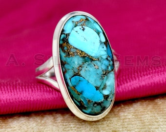 Blue Copper Turquoise Ring: Oval 925 Sterling Silver Boho Jewelry