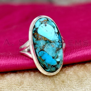 Blue Copper Turquoise Ring, 925 Sterling Silver Ring, Handmade Ring, Oval Ring, Turquoise Ring, Boho Ring, Handmade Jewelry, Gift For Her