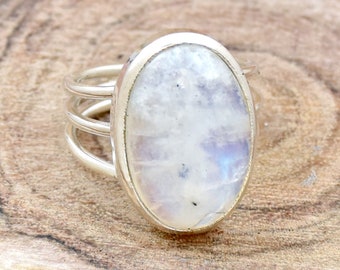 Anel de prata esterlina 925 feito à mão com pedra da lua arco-íris: joia Boho Statement