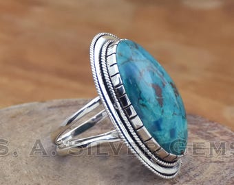 Natural Chrysocolla Gemstone Ring: 925 Sterling Silver Two-Band Ring