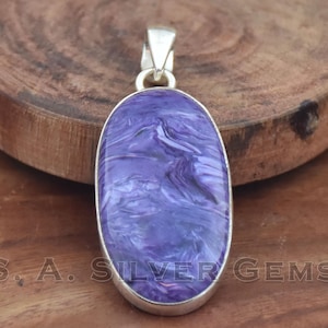 Charoite 925 Sterling Silver Pendant: Rare Gemstone, Handmade, 2 Inch