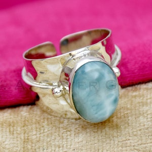 Natural Larimar Ring, 925 Sterling Silver ring, Oval Gemstone Ring, Handmade Ring, Adjustable Ring, Hammered Ring, Boho Ring, Gift For her