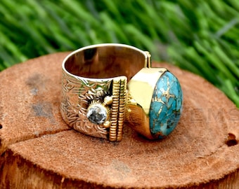 Blue Copper Turquoise Ring, 925 Sterling Silver Ring, Handmade Ring, Two Tone Ring, Blue Topaz Ring, Flower Textured Ring, Handmade Jewelry