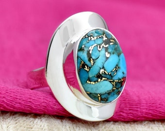 Blue Copper Turquoise Ring: Boho 925 Sterling Silver Ring