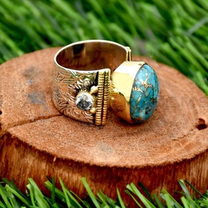 Blue Copper Turquoise Ring, 925 Sterling Silver Ring, Handmade Ring, Two Tone Ring, Blue Topaz Ring, Flower Textured Ring, Handmade Jewelry image 1