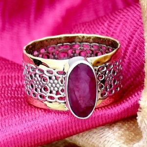 Indian Ruby Ring, Handmade Ring, 925 Sterling Silver Ring, Two Tone Ring, Wedding Ring, Anniversary Ring, Dainty Gift For Her, Bohemian Ring