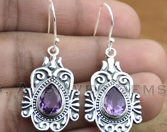 Orecchini pendenti in argento sterling 925 con ametista, realizzati a mano, con pietra preziosa naturale.