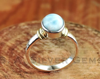 Natural Larimar Ring: Two-Tone 925 Sterling Silver Gemstone Ring