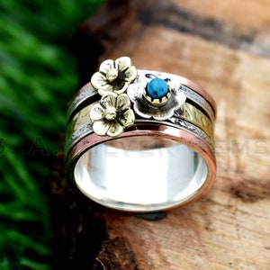 Turquoise Flower Ring: 925 Sterling Silver, Brass & Copper Spinner Ring