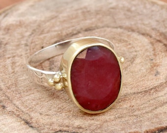 Handmade Indian Ruby Ring: Two-Tone 925 Sterling Silver Wedding Jewelry