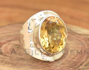 Natural Faceted Citrine Ring, 925 Sterling Silver Ring, Handmade Ring, Oval Gemstone Ring,  Wide Band Ring, Hammered Ring, Anniversary Ring