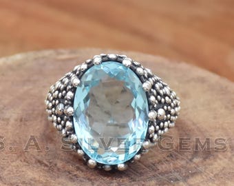 Filigree Blue Topaz Ring, 925 Sterling Silver, Handmade Bohemian Jewelry