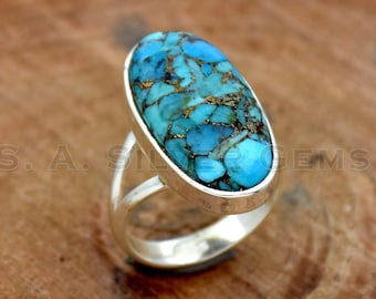 Blue Copper Turquoise Ring, 925 Sterling Silver Ring, Handmade Ring, Oval Gemstone Ring, Turquoise Ring, Split Band Ring, Handmade Jewels