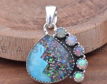 925 Sterling Silver Pendant, Turquoise Inlay Ethiopian Opal Pendants, Heart Boho Jewelry For Her