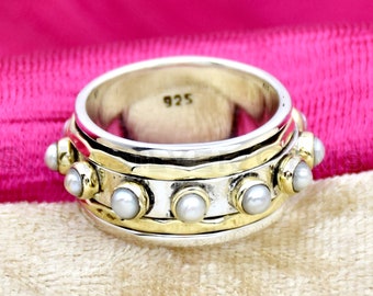 Anneau de perle, argent sterling, anneau de spinner anneau de deux tons, anneau de méditation, anneau en laiton argenté, anneau de pierres multiples anneau d'anxiété bijoux faits à la main