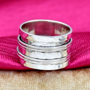 925 Sterling Silver Spinner Ring: Hammered Wide Band, Thumb Ring