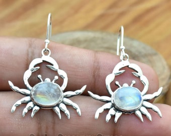Rainbow Moonstone Earrings, June Birthstone Earrings, Oval Shaped Crab Earrings, Handmade Crab Earrings, Bezel Setting Earring Gift For Her