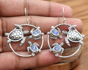 Moonstone Turtle Sterling Silver Earrings, Carved Rainbow Moonstone Turtle, Silver Dangle Earrings, Earrings For Gift, Silver Drop Earrings