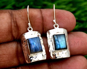 Natural Labradorite Earring, 925 Sterling Silver Earring, Handmade Earring, hammered Silver, Dangle and Drop Earring, Anniversary Earrings