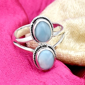 Natural Dominican Larimar Ring, 925 Sterling Silver Ring, handmade Ring, Two Stone Ring, Blue gemstone Ring, Gift For Her, Anniversary Ring