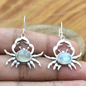 Rainbow Moonstone Crab Earrings: 925 Sterling Silver June Birthstone