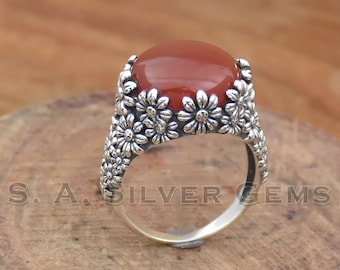 Bohemian Carnelian Ring: Handmade 925 Sterling Silver Daisy Flower