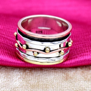 Handmade 925 Sterling Silver Spinner Ring: Brass & Copper Meditation Band