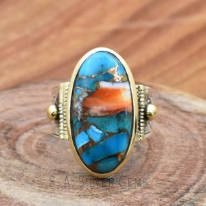 Oyster Copper Turquoise Ring, 925 Sterling Silver Engraved Band Statement Ring
