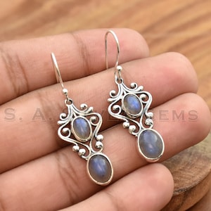 Blue Labradorite Silver Earrings-Dangle Drop Earrings-Handmade Hook Earrings-Women Dainty Earrings-Labradorite Gemstone Earring-Gift for Her