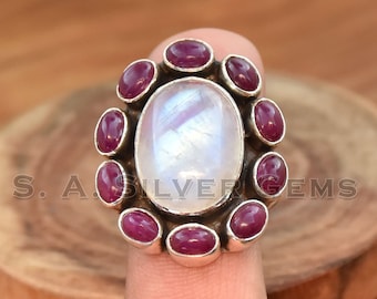 Regenbogen Mondstein & Rubin 925 Sterling Silber Ring - Handgemacht