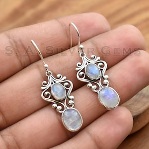 Handmade 925 Sterling Silver Moonstone Dangle Earrings: Minimalist Jewelry