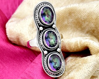Handmade Mystic Topaz Ring: Filigree 925 Sterling Silver Multi Stone