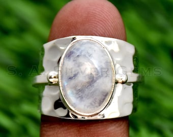 Hammered 925 Sterling Silver Moonstone Ring - Adjustable Wide Band