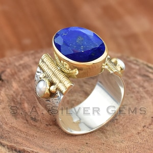 Lapis Lazuli Ring, Fresh Water Pearl 925 Sterling Silver Ring, Two Tone Ring, Flower Textured Wide Band, Wedding Ring, Birthday Gift For Her