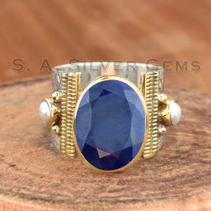 Blå safirring: 925 sterlingsilver, pärla, tvåfärgat brett band