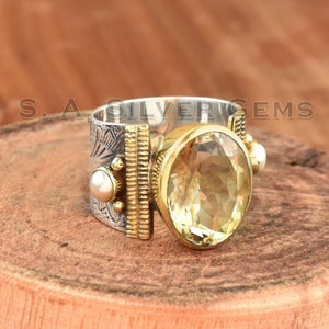 Natürliche Citrin & Süßwasserperle Ring, 925 Sterling Silber, handgemachte Blume strukturierte Ring zweifarbige Ring, breites Band, Hochzeitsgeschenk für sie