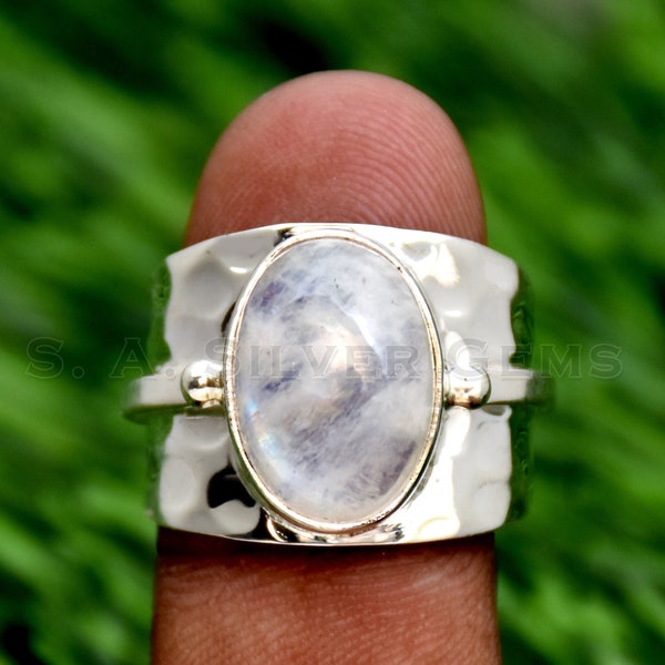 Moonstone Ring, 925 Sterling Silver Ring, Handmade Ring, Oval Gemstone Ring, Adjustable Ring, Hammered Ring, Wide Band Ring, Gift For Her